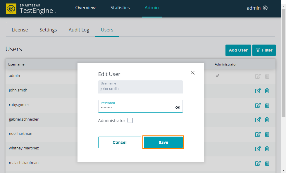 Saving the edited user Administrating TestEngine: Saving an edited user