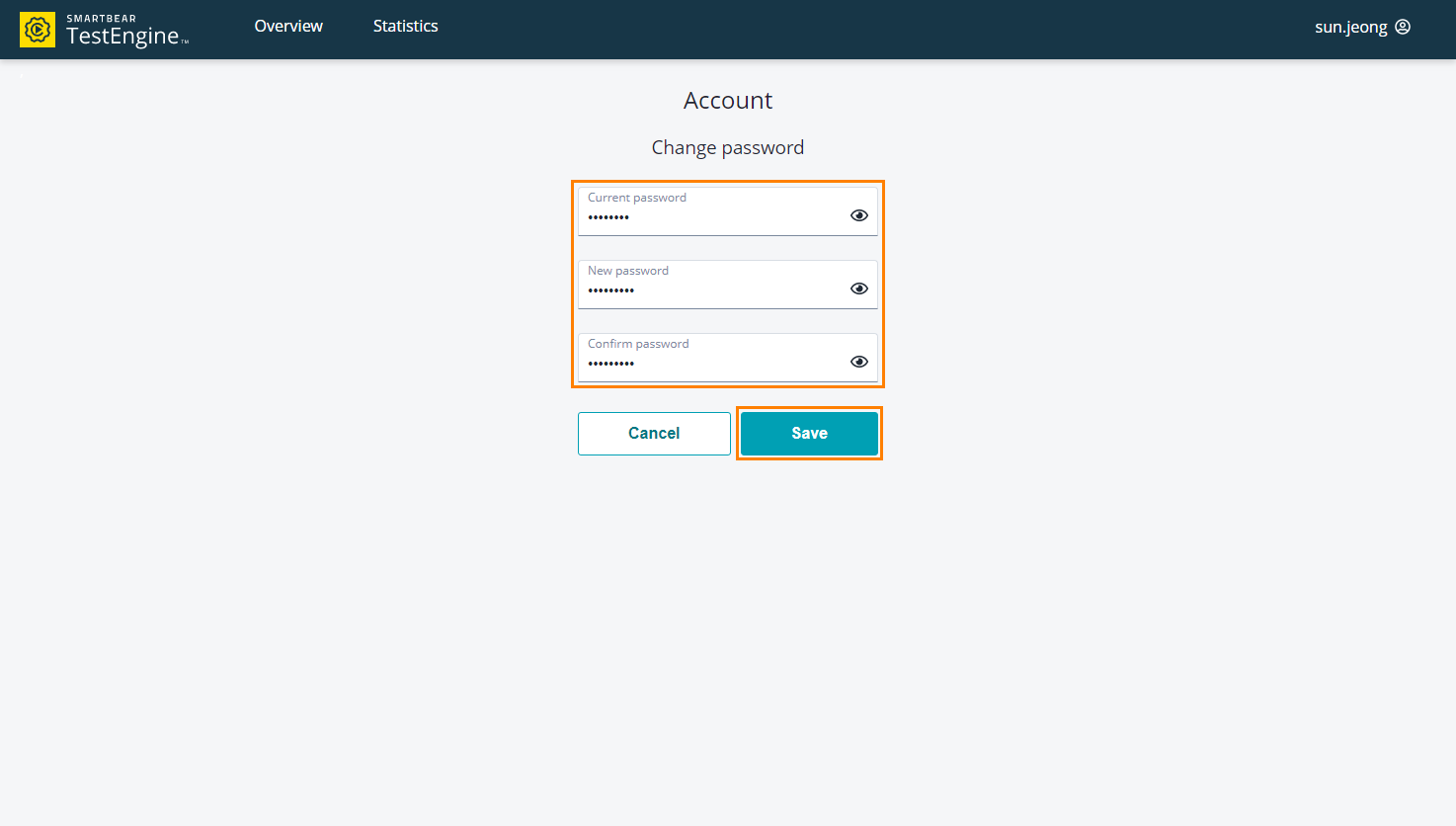 Enter the current and new passwords Change user password: Enter the current and new passwords