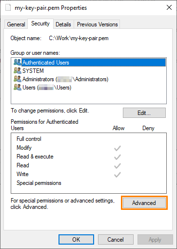 TestEngine plugin in AWS marketplace: Modify security properties of a key pair file