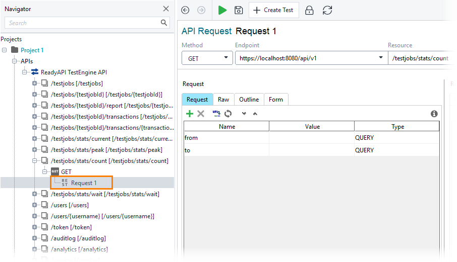 Selecting a request Get total TestEngine usage statistics: Select a request