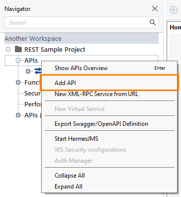 API testing: Add APIs menu item