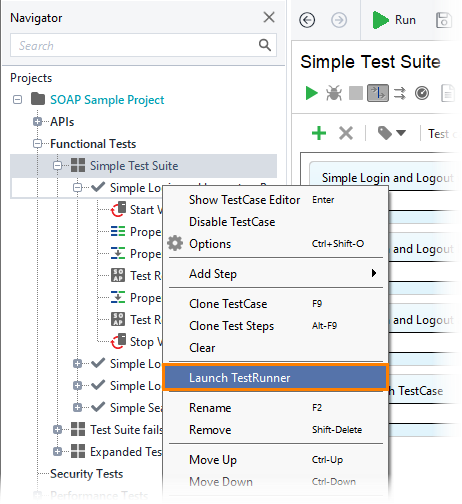 ReadyAPI: Launching the test runner from the context menu