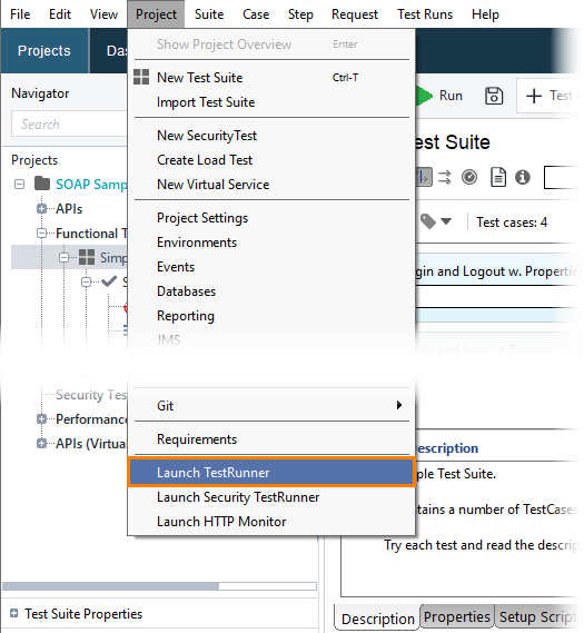 ReadyAPI: Launching the test runner from the Project menu