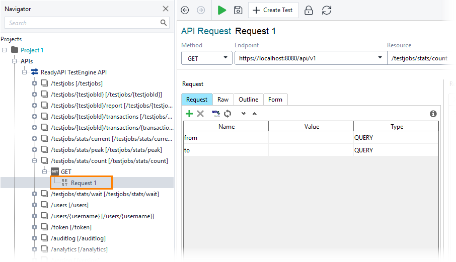 Selecting a request Get total TestEngine usage statistics: Select a request