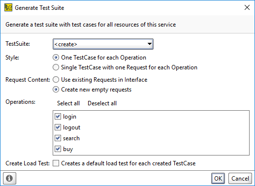 Functional testing with ReadyAPI: Generate TestSuite Dialog