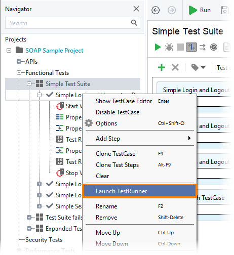 ReadyAPI: Launching the test runner from the context menu