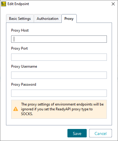 The proxy options in the Endpoints & Environments editor Environments in ReadyAPI: The proxy options in the Endpoints & Environments editor