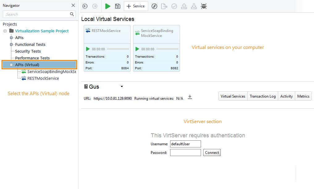 API testing with ReadyAPI: VirtServer panel of the ReadyAPI Virtualization editor
