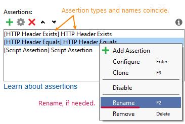 Service virtualization and API testing: Assertion names and types