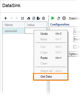 Excel DataSink Example: Property context menu