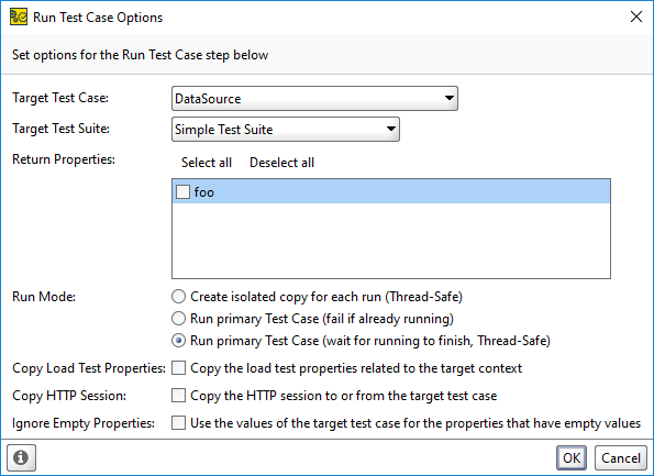 Run TestCase Options dialog