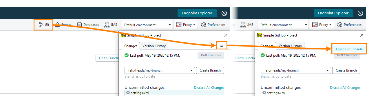 Launching the Git console Git integration: Launch Git console