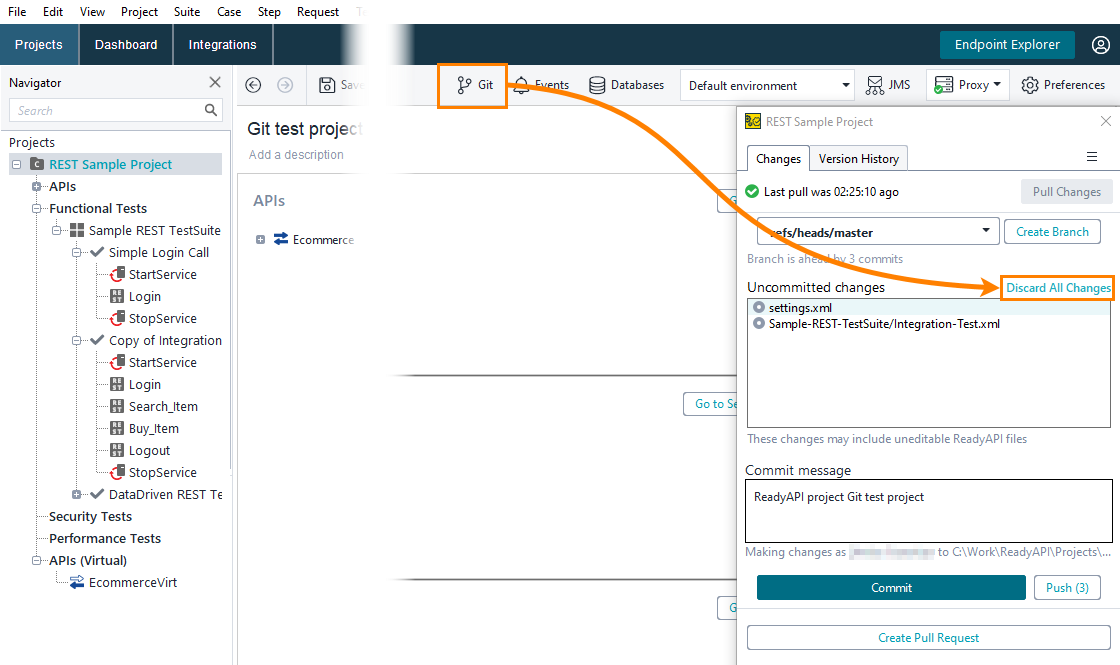 Discard changes in Git panel Git integration in ReadyAPI: Discard changes in Git panel