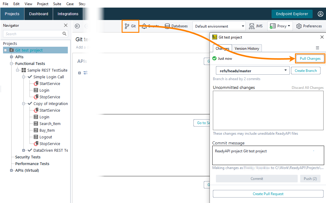 Pull changes in Git panel Git integration in ReadyAPI: Pull changes in Git panel