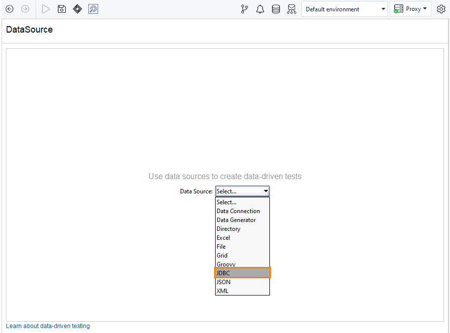 ReadyAPI: Selecting the data source type