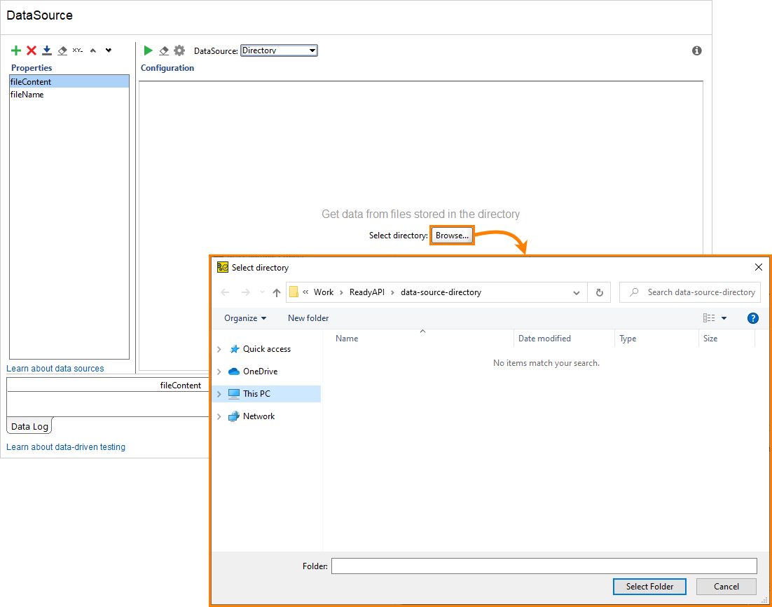 Directory data source example: Select the target directory