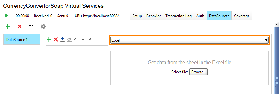 Service virtualization and API testing: Creating a new data source and selecting its type