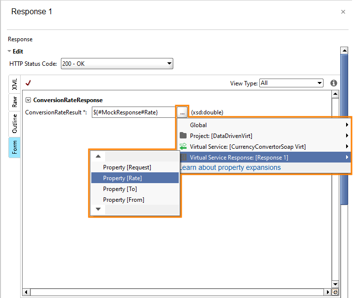 Service virtualization and API testing: Inserting property reference from the menu