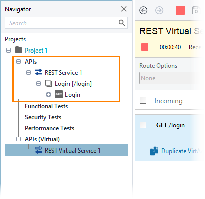Service virtualization and API testing: Operations in the Navigator panel