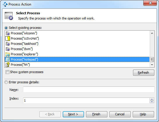 Selecting Process for Process Action