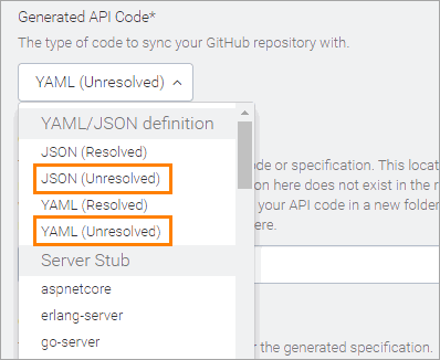 'JSON Unresolved' and 'YAML Unresolved' options 'JSON Unresolved' and 'YAML Unresolved' options