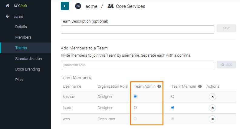 Team Admin role Team Admin role