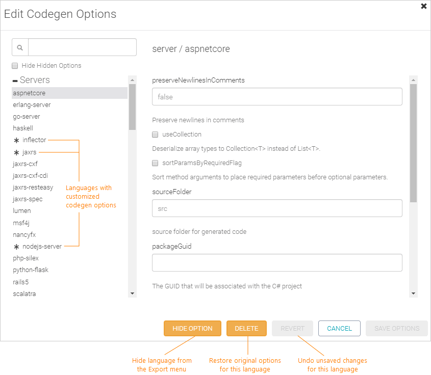Codegen options Codegen options