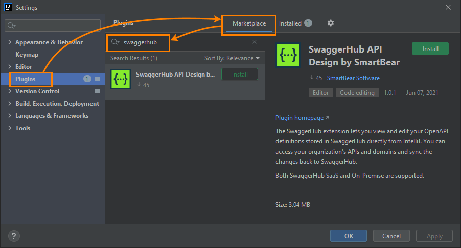 Installing the SwaggerHub plugin into IntelliJ IDEA Installing the SwaggerHub plugin into IntelliJ IDEA