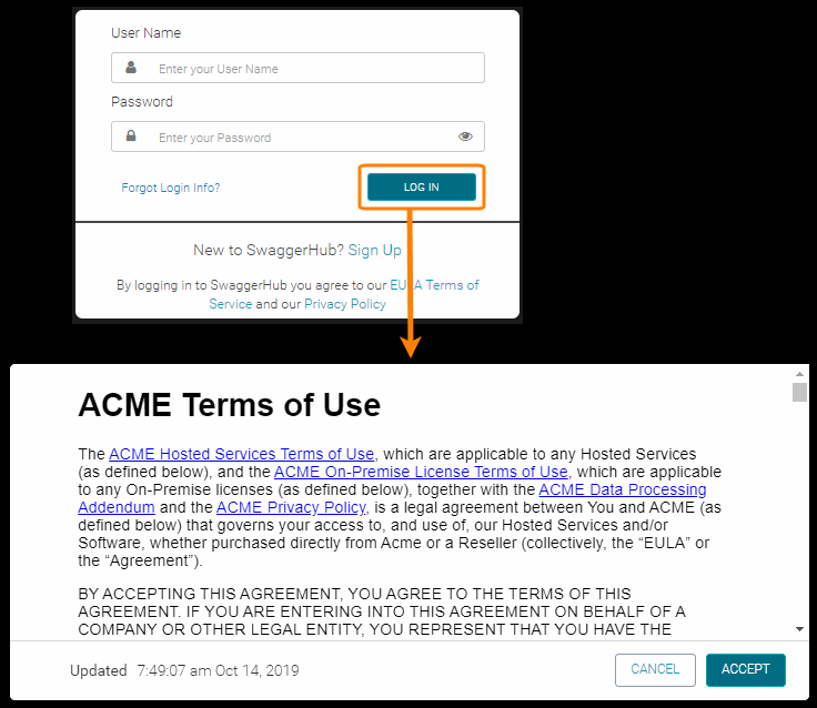 Custom terms & conditions displayed during user login