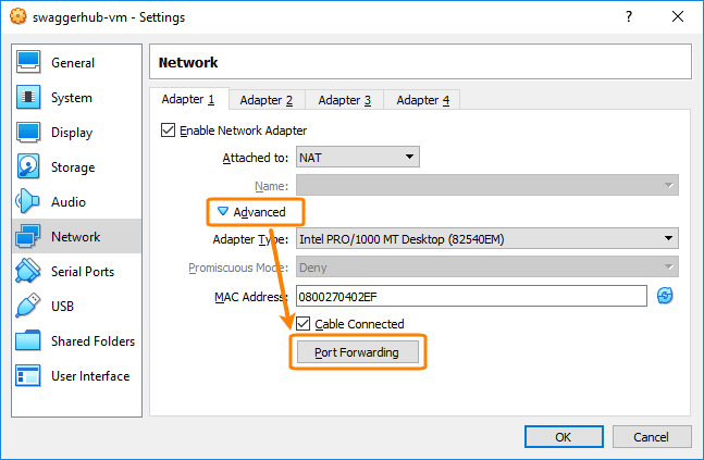 VirtualBox VM port forwarding options
