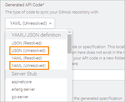 'JSON Unresolved' and 'YAML Unresolved' options
