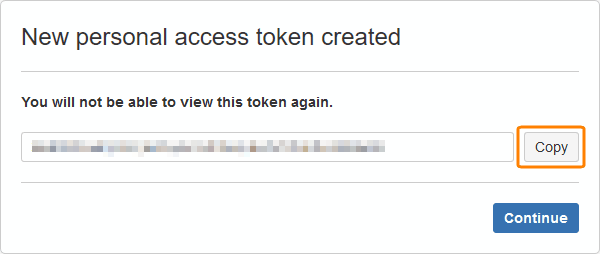 Copying the generated personal access token