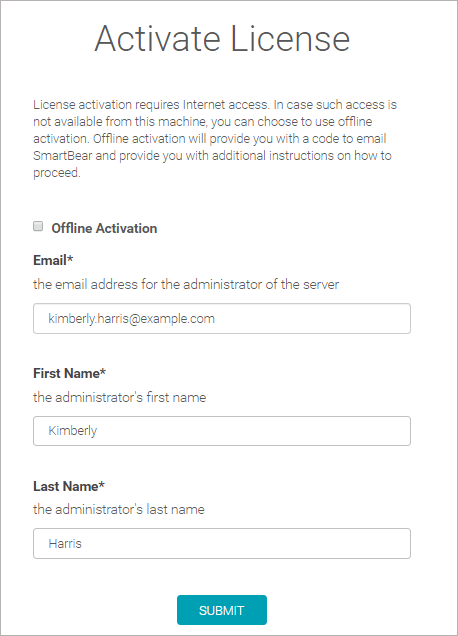 The Activate License form