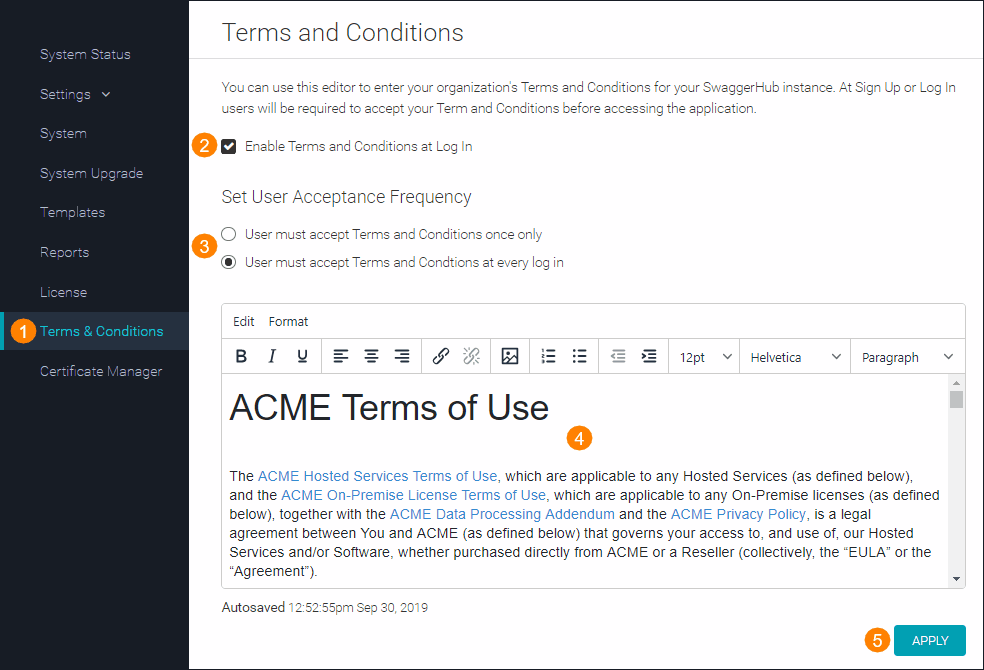 Terms & Conditions editor