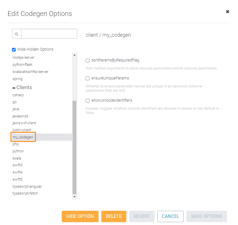 Custom codegen options