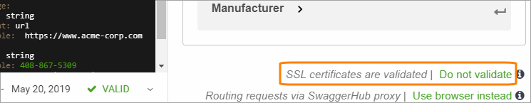 SSL certificate validation options for 'try it out' requests
