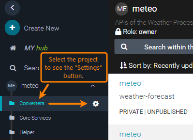 Opening project settings in SwaggerHub