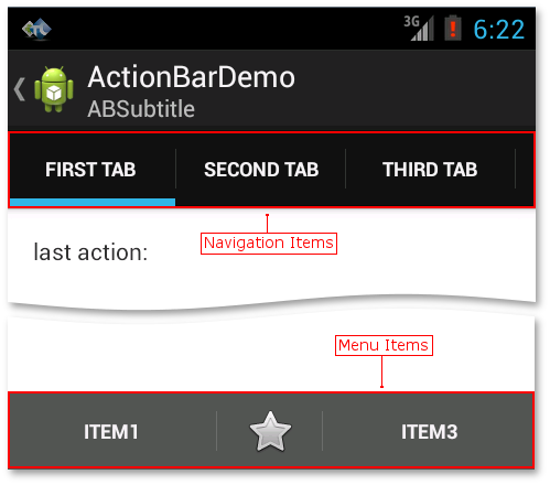 A possible location of action bar items with the portrait screen orientation.