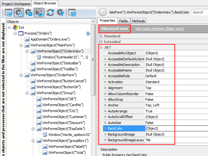 Native Properties of a .NET ListView Object in Object Browser