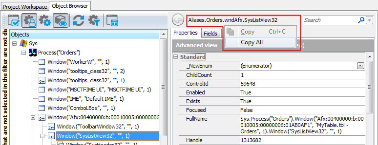 Copying the object name from the Object Browser