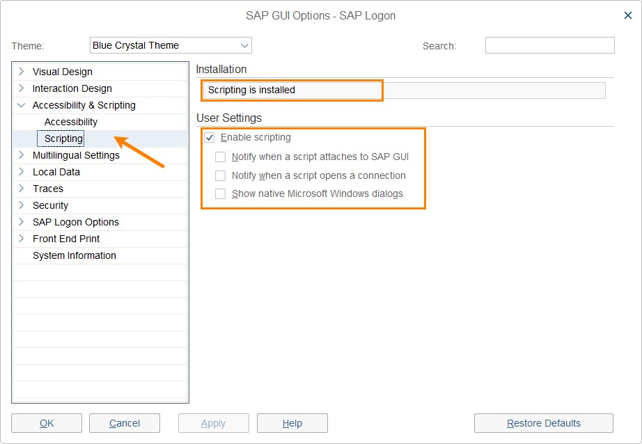 Enabling scripting in SAP GUI