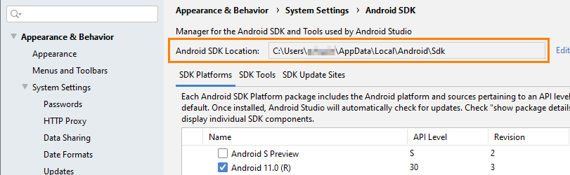 Copy Android SDK location