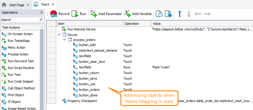 Locating objects in a mobile application by using name mapping