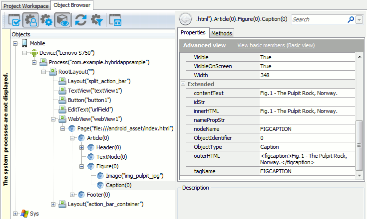 HTML5 elements of hybrid application in the TestComplete Object Browser