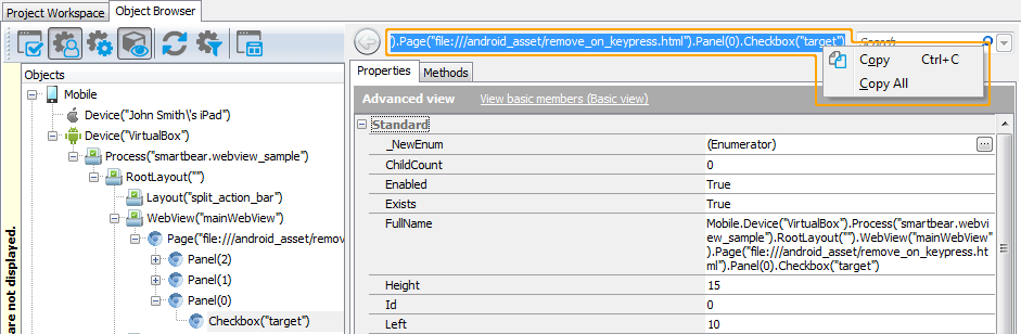 Hybrid application testing: Copying object name from the Object Browser