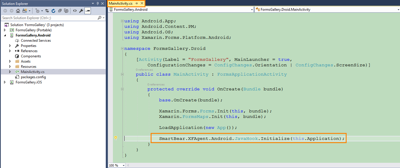 Initialization the TestComplete Agent to the Xamarin.Forms  Android Application