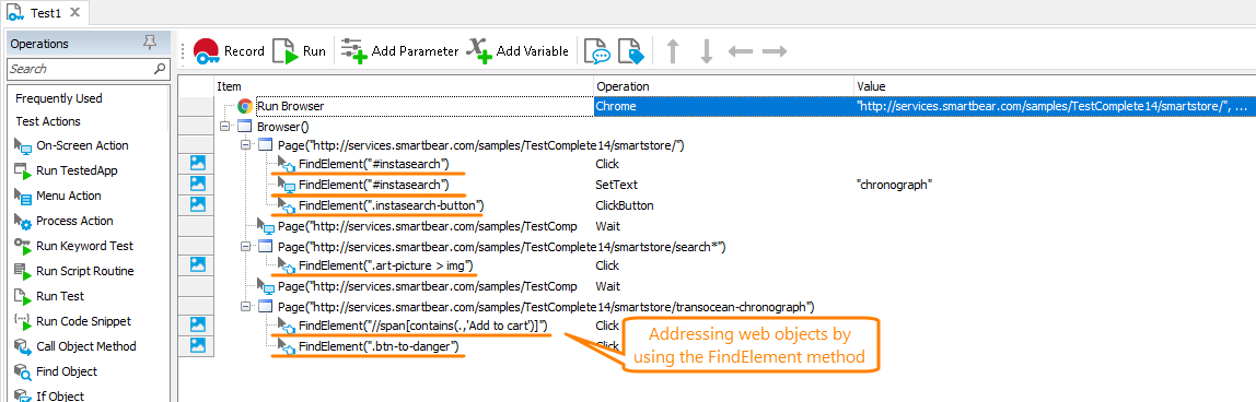 Getting web elements in keyword tests by using FindElement method