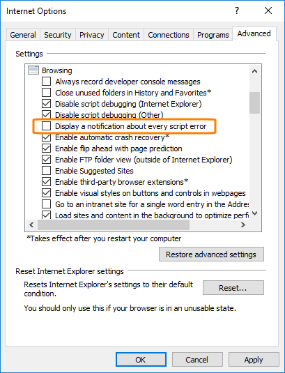 Internet Explorer settings: Advanced