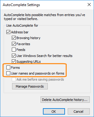 Internet Explorer settings: AutoComplete