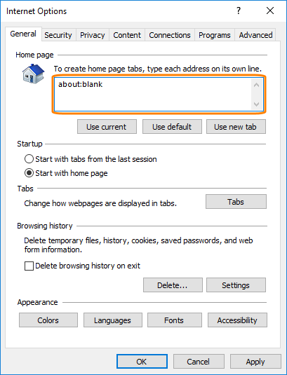 Internet Explorer settings: Home page